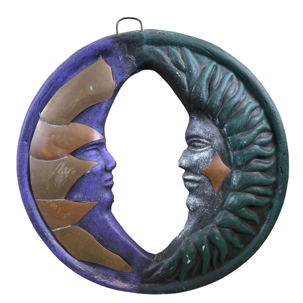 Sun Moon Celestial Vtg Decor Yard Art Copper 11.5" Boho Purple Green Hanging 3d